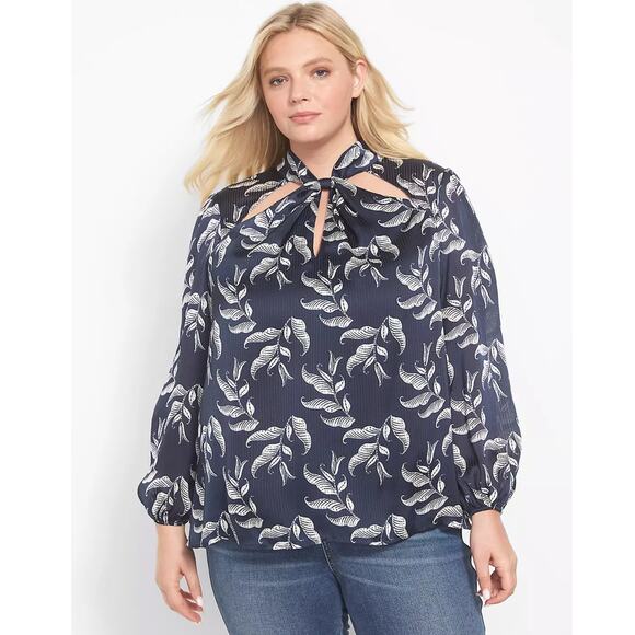 Lane Bryant Twist Mock Neck Blue Leaf Cutout Layered Blouse Plus Size 16 - Picture 9 of 10